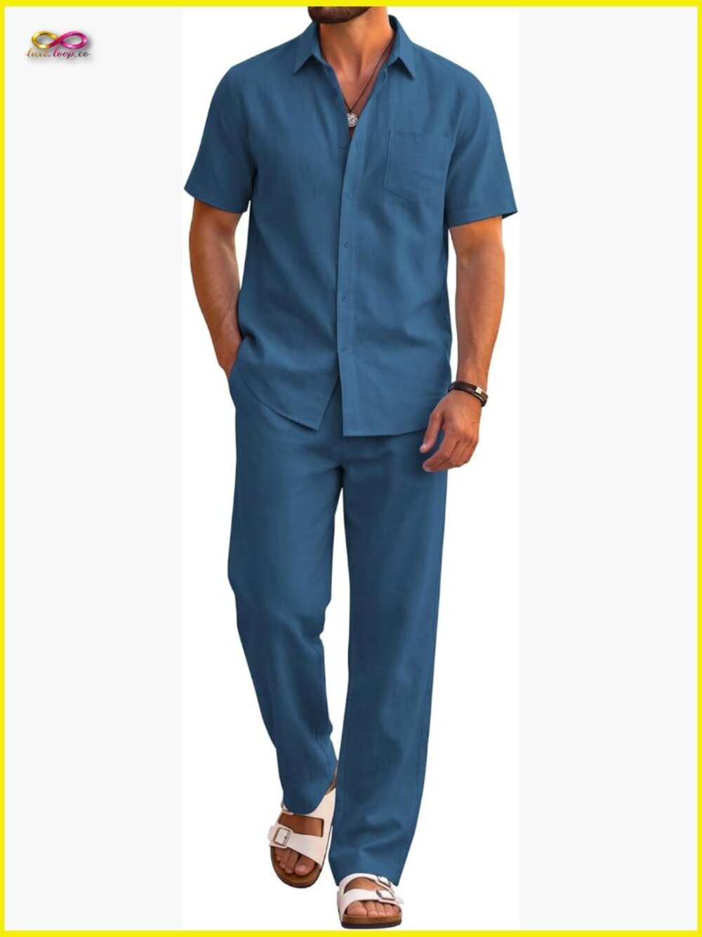 Men's 2-Piece Cotton Short Sleeve Button Down Shirt Loose Pants Summer Vacation